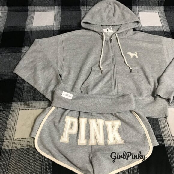 VS PINK IVY TERRY SHORTS OUTFIT & FULL ZIP IN GREY WITH LOGO ON THE BUTT XS-XXL - Picture 3 of 7